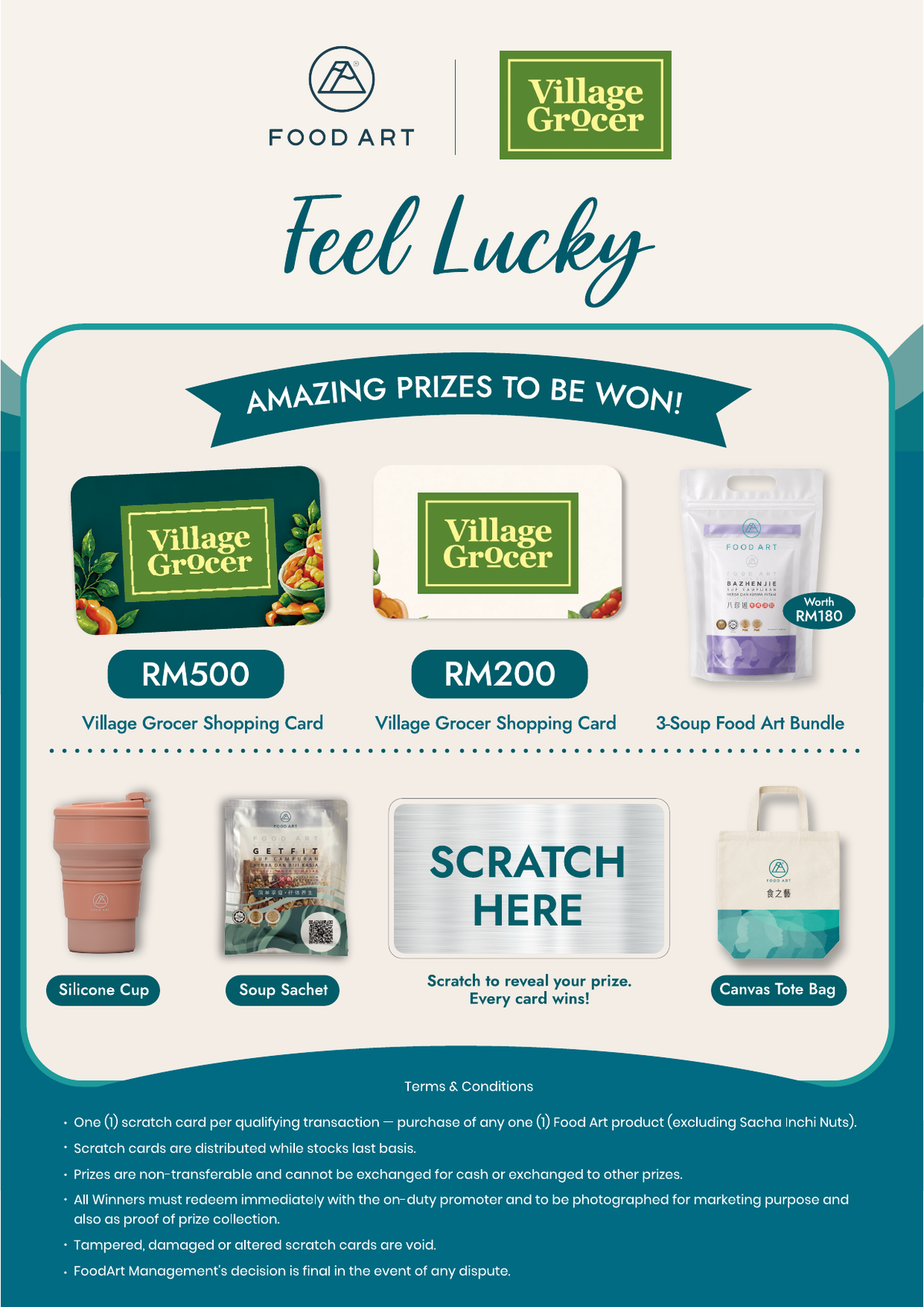 Food Art x Village Grocer Feel Lucky scratch and win poster